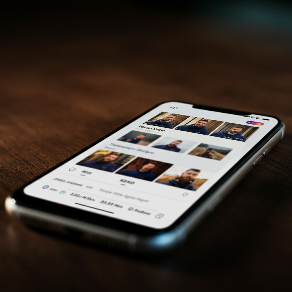 A phone screen displaying a crew's Instagram profile. Close up shot. Bright, natural lighting illuminates the screen, showcasing high-quality photos and videos of the crew. The focus is on the content and engagement metrics.