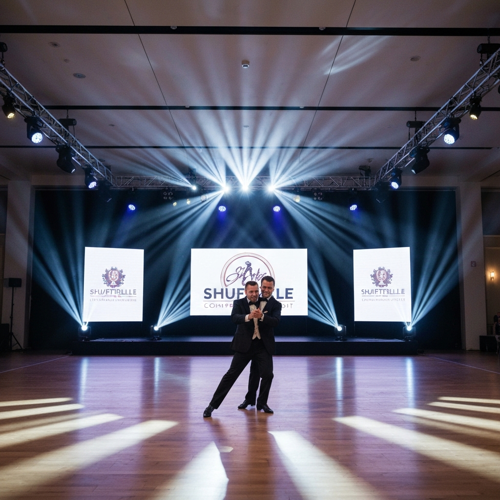 A wide shot of a shuffle competition stage. Bright spotlights illuminate the dance floor, highlighting the energy and excitement of the event. The backdrop features a large screen displaying the competition logo.