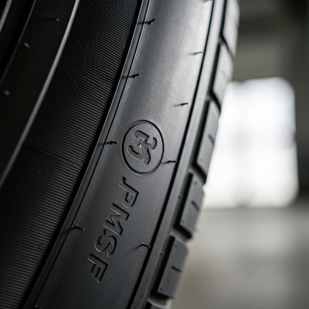 Close-up of a tire sidewall in a well-lit garage, showcasing the 3PMSF symbol. The tire is clean, and the symbol is in sharp focus against the matte black rubber. Soft bokeh in the background.