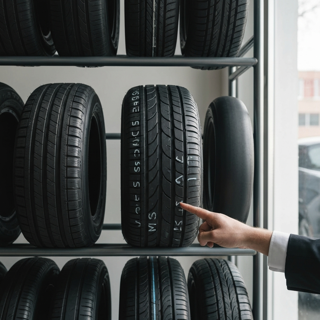 Medium shot of a tire rack in a tire shop. Various tire types are visible, and a hand is pointing to the "M+S" marking on the sidewall of one of the tires. The lighting is bright and even, with natural light coming from a nearby window.