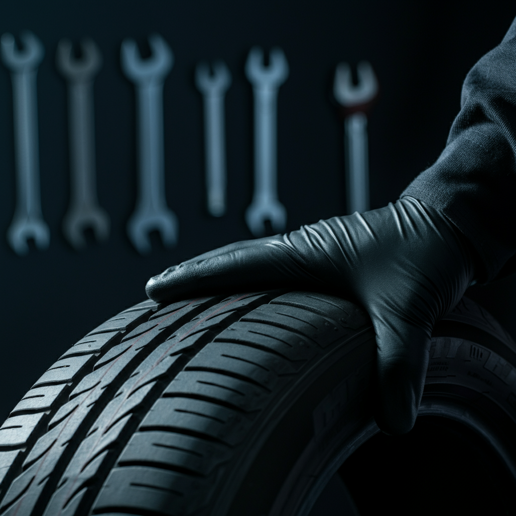 A gloved hand gently pressing on the tread of a tire in a cool, dimly lit environment. The hand is testing the tire's flexibility. The background features blurred silhouettes of automotive tools.