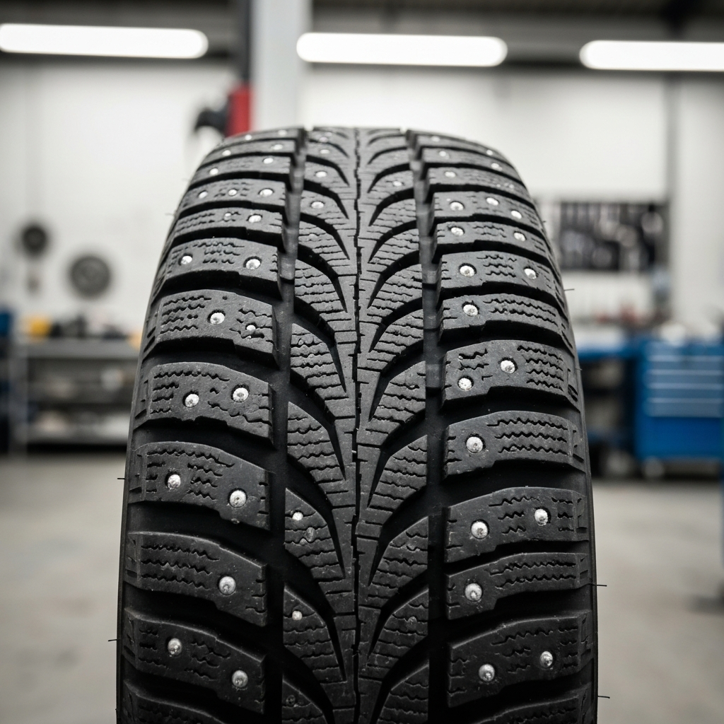 Close-up of a studded snow tire. The metal studs are clearly visible in the tread. The lighting is bright and focused, highlighting the studs' metallic shine. The background is a blurred automotive repair shop.