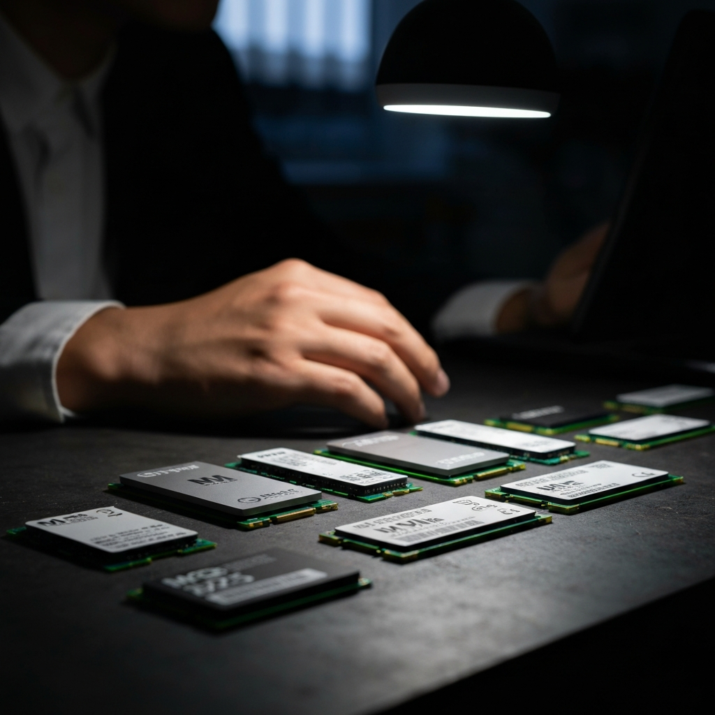 A close-up shot of various M.2 NVMe SSDs on a dark workbench, illuminated by a single soft light. The focus is on the labels and heatsinks, highlighting the different brands and specifications. Soft bokeh in the background.