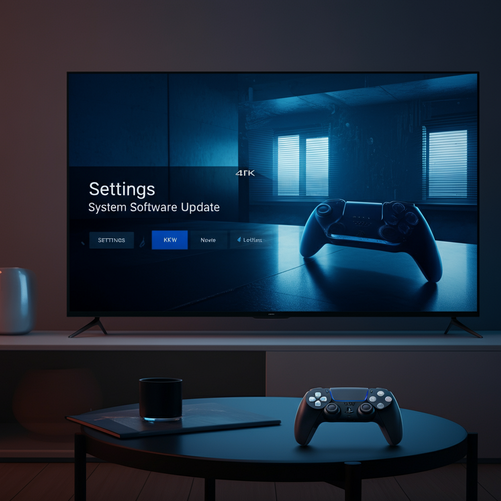 A PS5 home screen displayed on a 4K TV. The settings menu is open, with "System Software Update" highlighted. The room is dimly lit, casting a soft glow on the screen. A controller sits on a coffee table in the foreground.