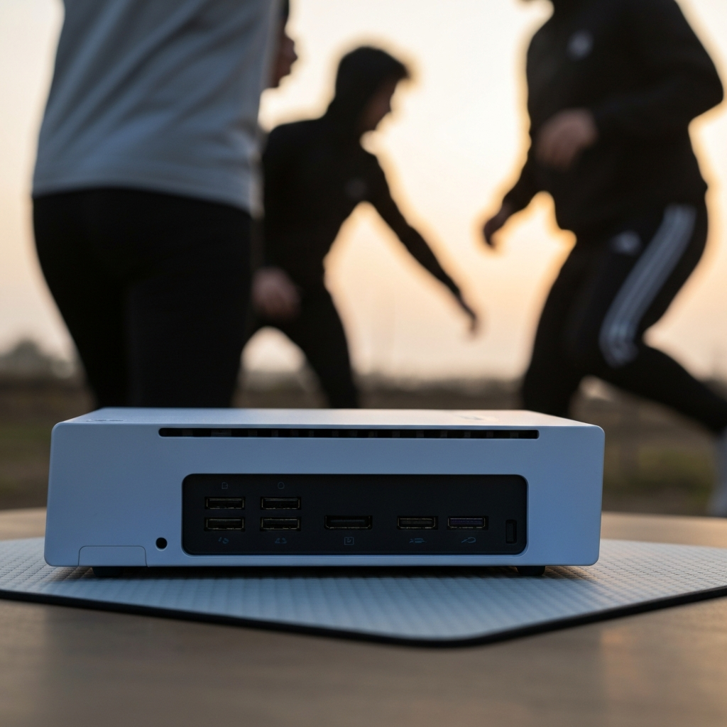A close-up shot of the back of a PS5, showing all cables disconnected. The console is resting on a clean, anti-static mat. The lighting is soft and diffused, highlighting the ports and cable connectors.