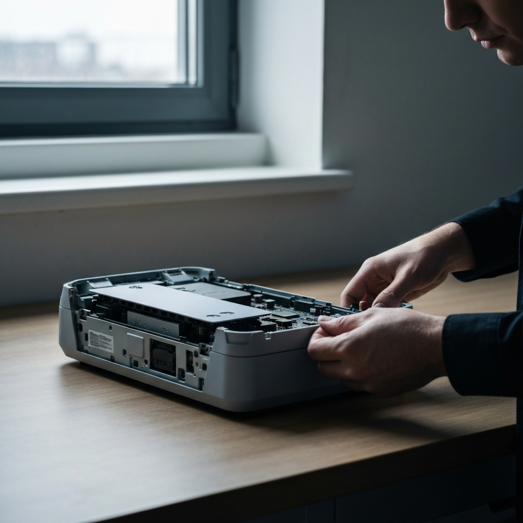 A person with clean hands carefully removing the bottom panel of a PS5. The console is resting on a well-lit workbench. The panel is partially removed, revealing the internal components. Soft, natural light is coming from a nearby window.
