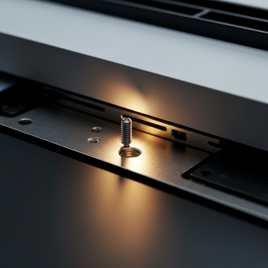 A close-up of the PS5's SSD expansion slot, with the screw and spacer removed. The empty screw hole is clearly visible. The area is lit with a warm, focused light, highlighting the metal components.