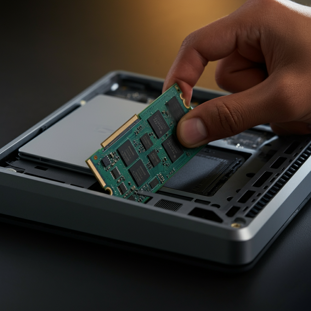 A person carefully inserting an M.2 SSD into the PS5's expansion slot. The SSD is held at a slight angle, with the notch aligned correctly. The area is brightly lit, showing the details of the connector and the SSD's edge.