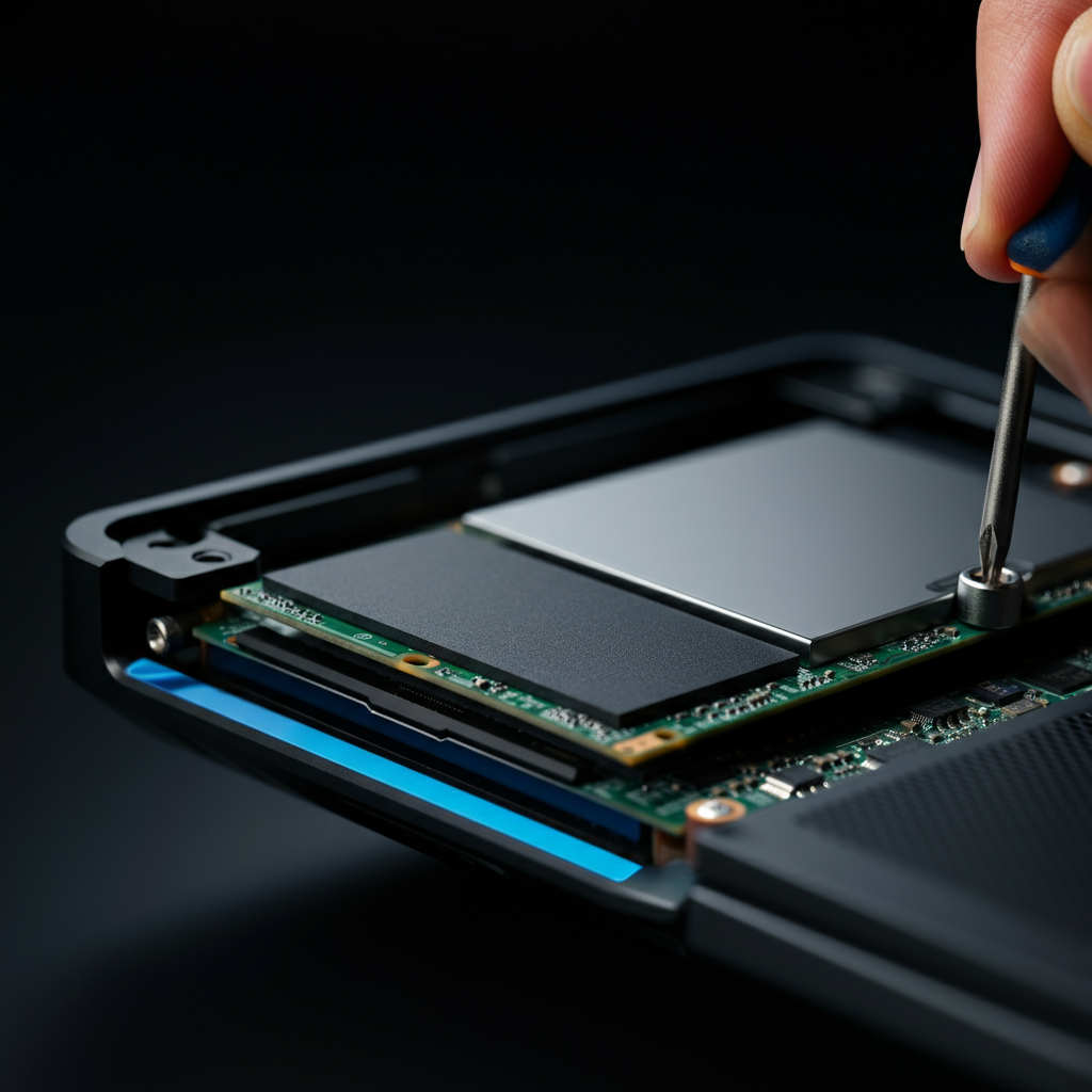 A close-up of the PS5's SSD expansion slot, with the SSD installed and secured with the screw and spacer. The screw is being tightened with a screwdriver. The lighting is focused and highlights the secure fit of the SSD.