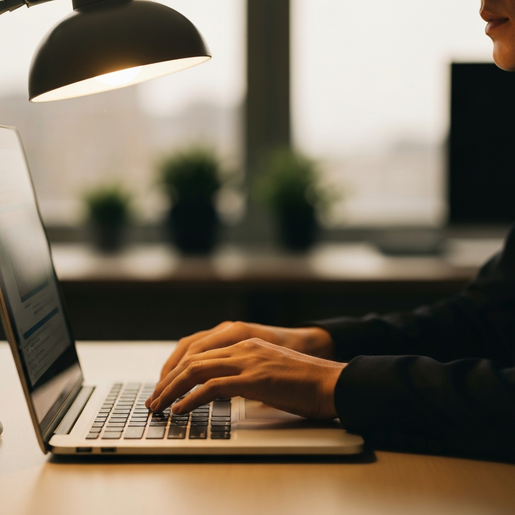Close-up shot of hands typing on a laptop keyboard, softly illuminated by a desk lamp, with a blurred background showing an office environment during golden hour.