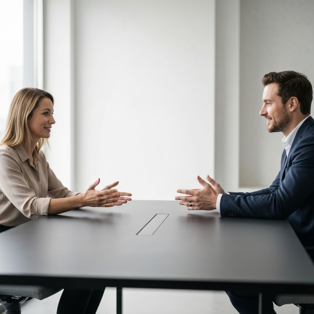 Two people sitting across from each other at a modern office desk, both smiling slightly. The lighting is soft and diffused, with the focus on their hands gesturing in a collaborative manner.