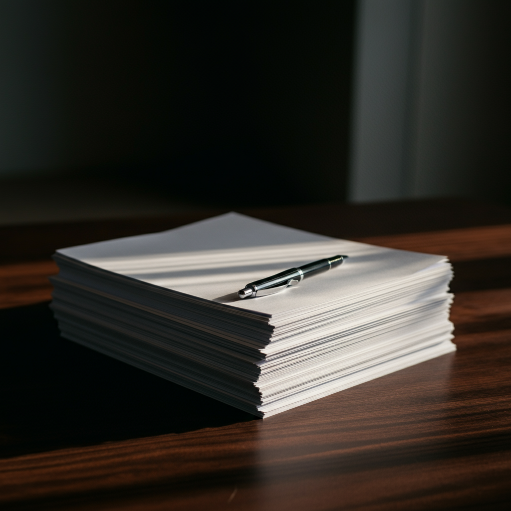 A stack of crisp white papers on a dark wood desk, side-lit to emphasize the texture of the paper. A pen rests casually on top of the stack.
