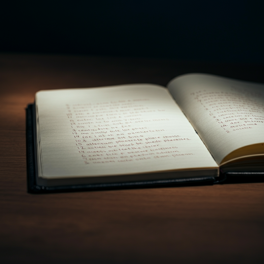 A professional-looking notebook open on a desk, with a handwritten list of alternative phrases. The lighting is warm and natural, highlighting the texture of the paper and the ink.
