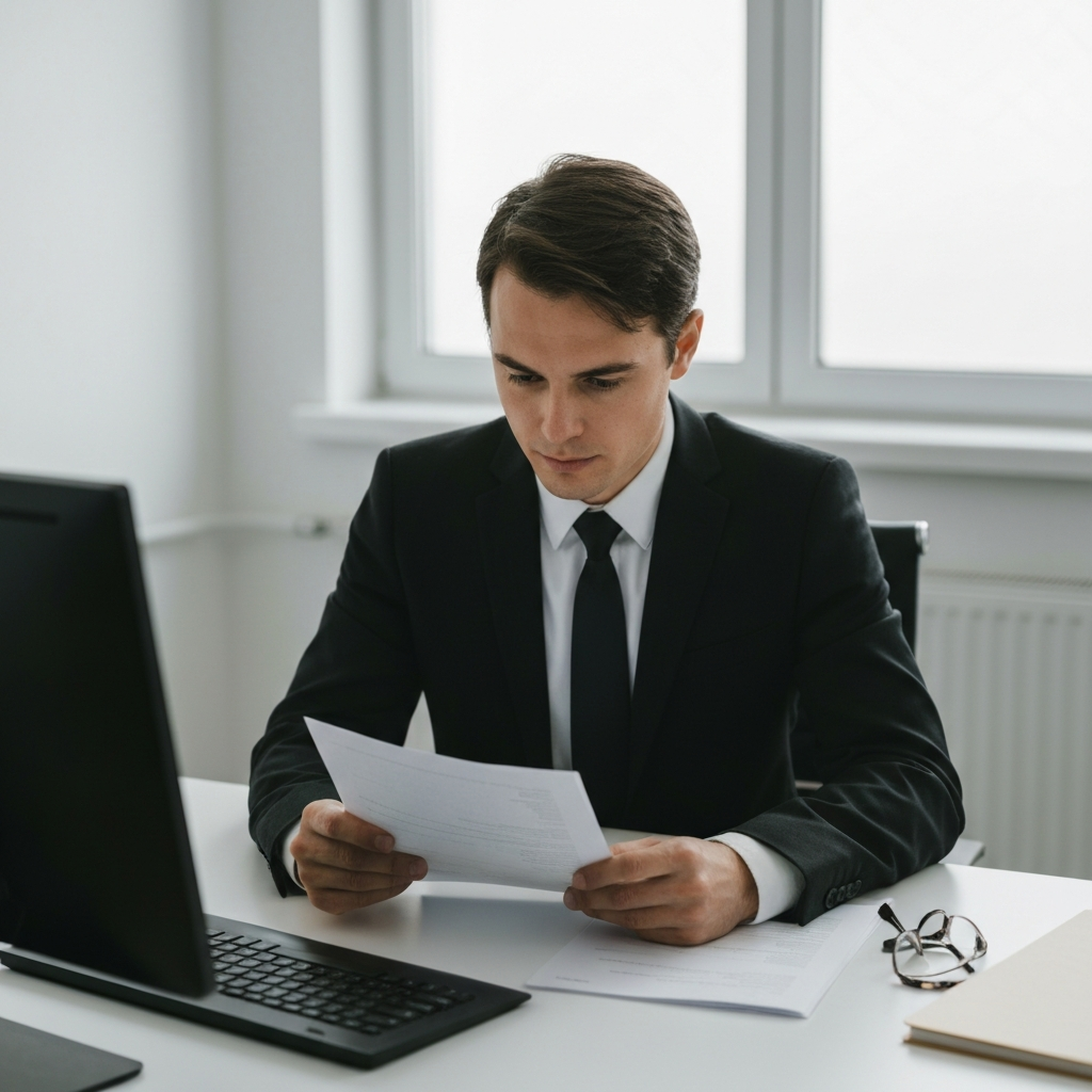A person in a professional business suit sits at a desk in a brightly lit office, carefully reviewing a document. The camera angle is slightly above, showing a sense of focused attention.
