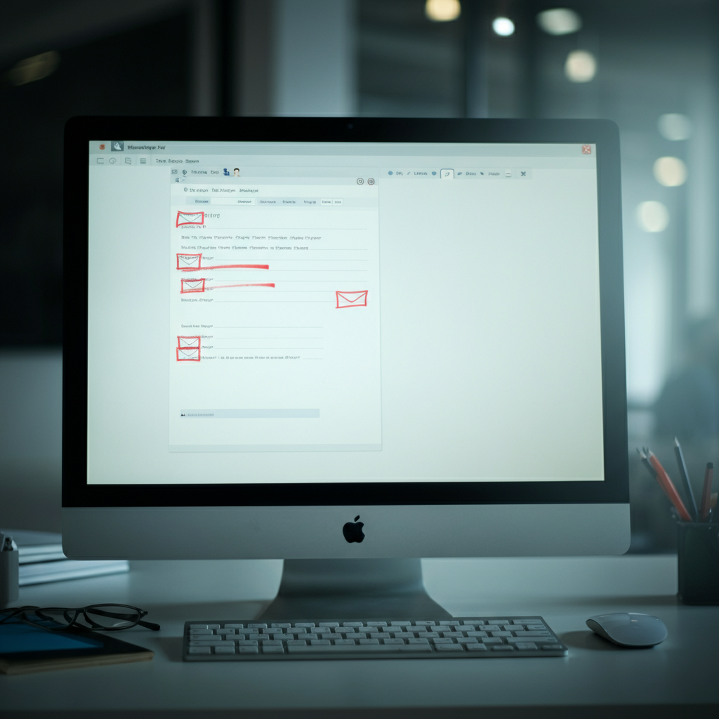 A computer screen displaying an email draft with several highlighted errors marked in red. The lighting is focused on the screen, with a slightly blurred background of an office environment.