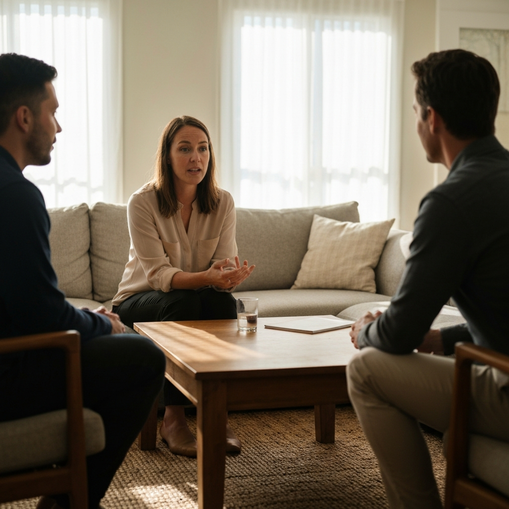 A brightly lit living room. A woman sits at a coffee table, facing two other family members. She's speaking calmly, with gentle hand gestures. Soft light streams in from a nearby window, illuminating the textures of the woven rug and wooden table.