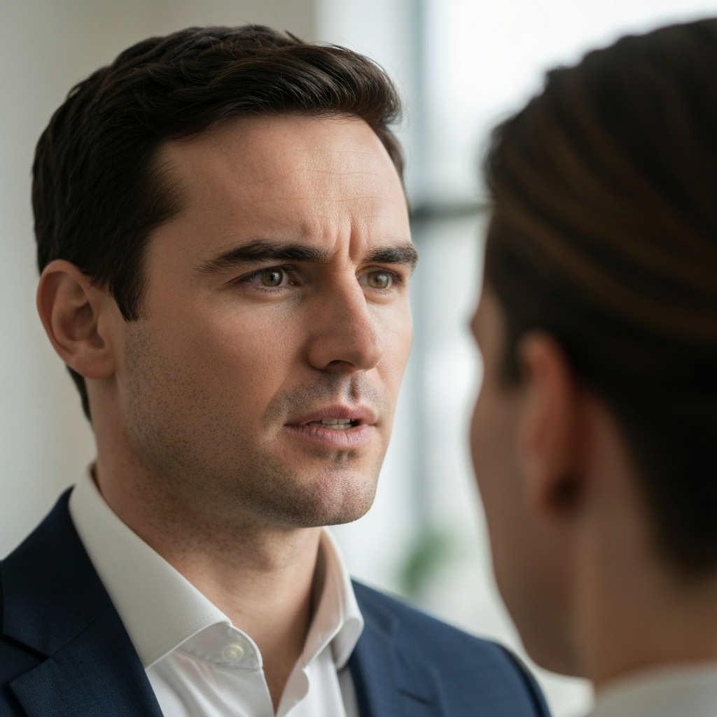 Close-up shot of a man listening intently. His brow is furrowed slightly in concentration, and his eyes are focused on the person speaking. The background is softly blurred, emphasizing the man's attentive expression.