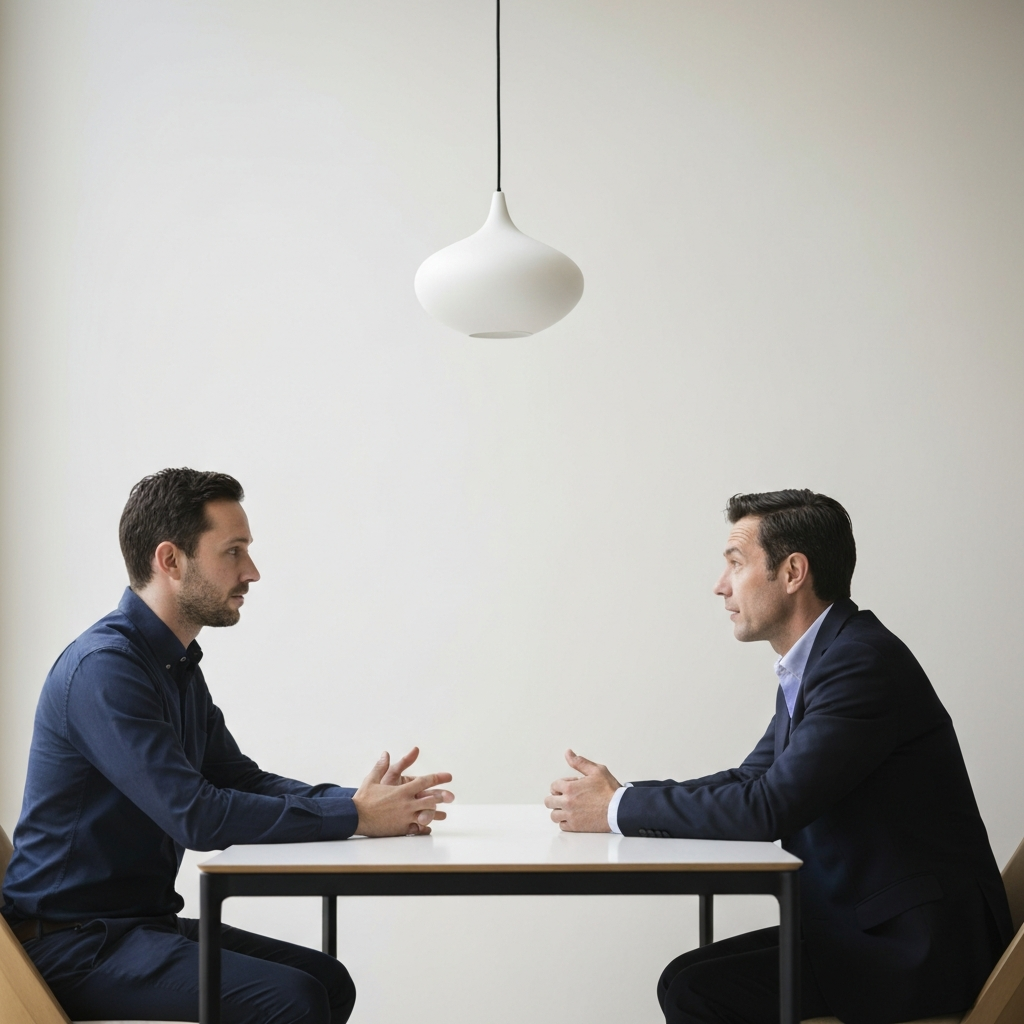 Two people sitting at a table, facing each other. They are talking in hushed tones, but their expressions are serious and engaged. The lighting is soft and intimate, suggesting a private conversation.