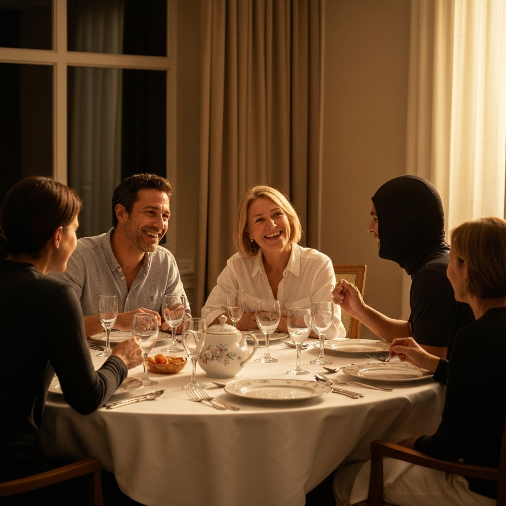 A family sitting around a dinner table, smiling and talking. The table is set with fine china and silverware, suggesting a special occasion. The lighting is warm and inviting, creating a sense of togetherness and celebration.