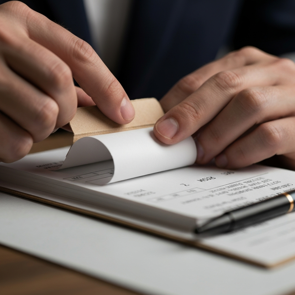Close-up shot of a hand carefully sliding a cardboard flap behind a white receipt in a receipt book. Soft, diffused light highlights the texture of the paper and the pen.
