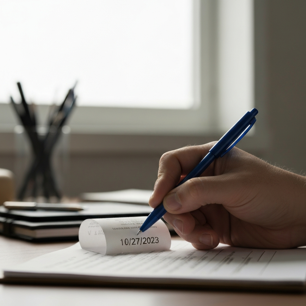Medium shot of a hand writing the date "10/27/2023" on a receipt using a blue ballpoint pen. The hand is positioned over a desk with a blurred background of office supplies. Natural window light illuminates the scene.