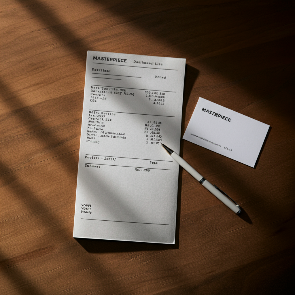 Overhead shot of a partially filled out receipt book with a business name and address clearly visible. Soft, even lighting highlights the crisp details of the text. A business card is placed nearby.