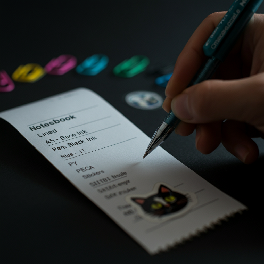 Close-up shot of a hand writing a detailed description of items sold: "Notebook - Lined - A5," "Pen - Black Ink," and "Sticker - Cat Design" on a receipt. The background features a soft bokeh of colorful office supplies.