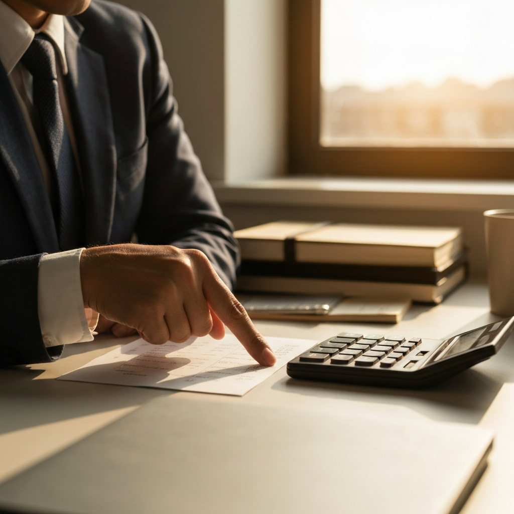 A well-organized workspace. A hand points at a line item "Price" on the receipt, while a calculator sits beside it. Warm, golden hour lighting streams in from a nearby window.