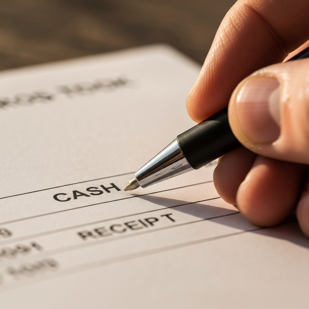 Close-up shot of a hand marking the "Cash" option on a receipt book. The pen is held at a slight angle, and the light reflects off the glossy surface of the pen. The surrounding area is slightly blurred.