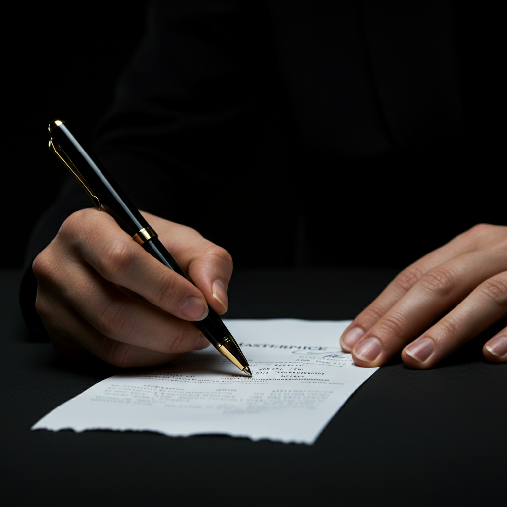 A person's hand signing a receipt with a flourish. The pen moves smoothly across the paper, and the signature is legible. The lighting is soft and diffused, highlighting the texture of the paper.