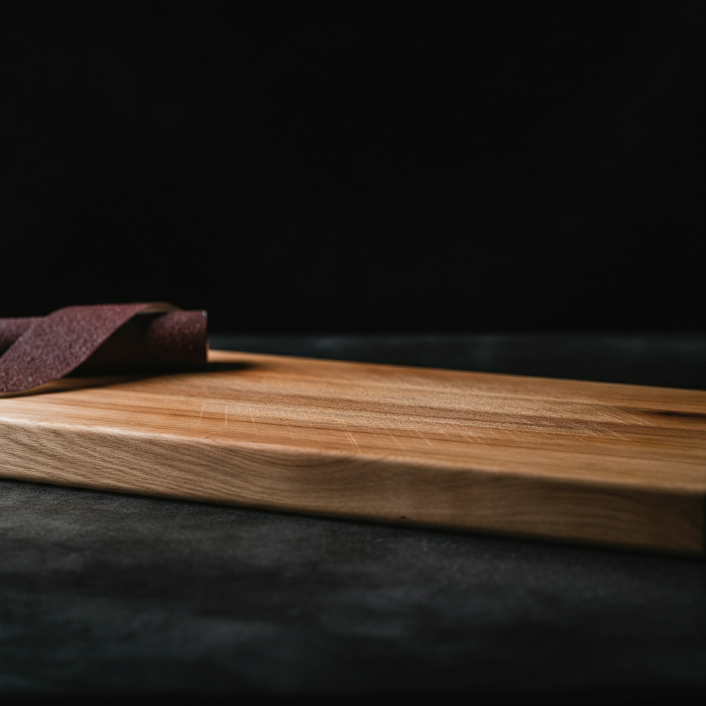 A close-up shot of a clean, wooden cutting board with soft, even lighting. The grain of the wood is clearly visible. A piece of fine-grit sandpaper and a small brush for dusting are subtly placed beside it. Focus is on the wood's texture.