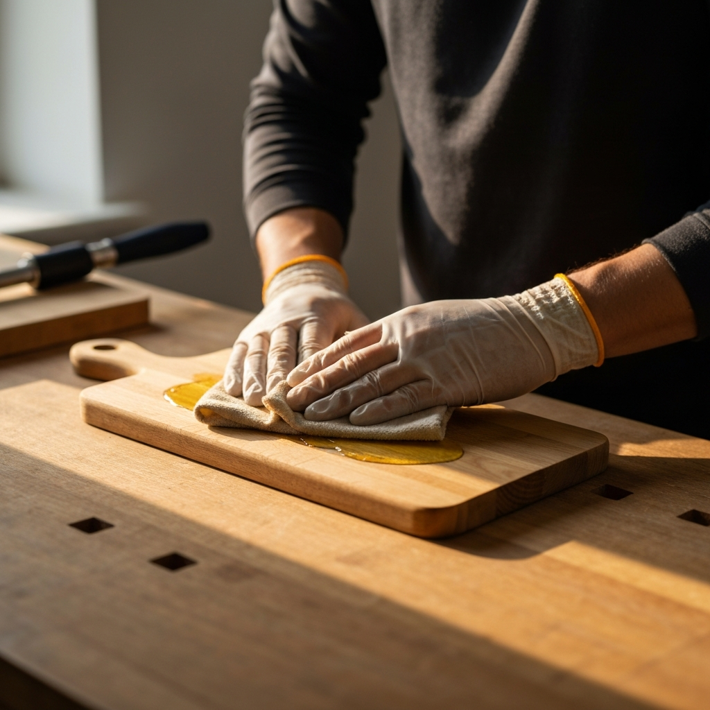 Hands wearing protective gloves gently applying mineral oil to a wooden cutting board with a soft cloth. The board is resting on a clean workbench with ample natural light. The focus is on the motion of rubbing the oil into the wood.