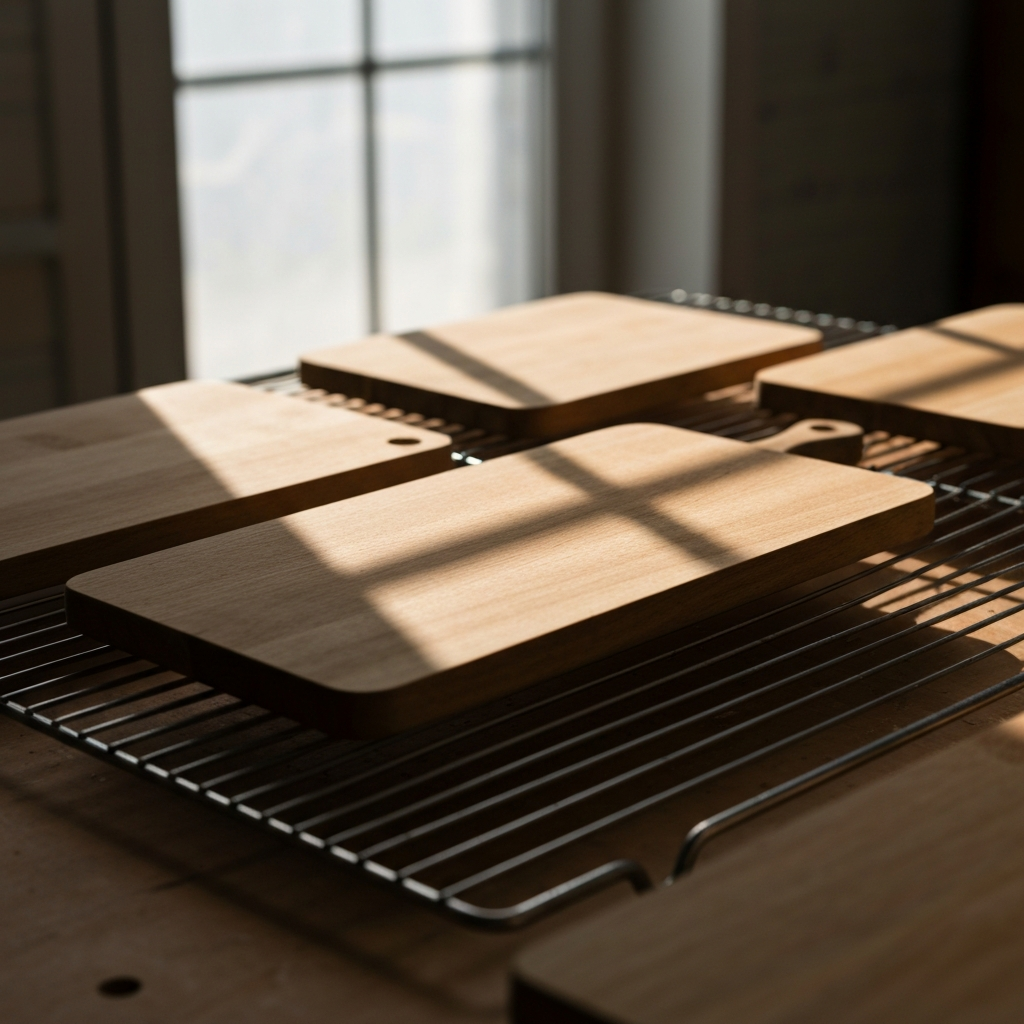 A wooden cutting board placed on a wire rack to dry in a brightly lit workshop. Soft shadows are cast by the natural light filtering through a window. The focus is on the texture of the wood as it dries.