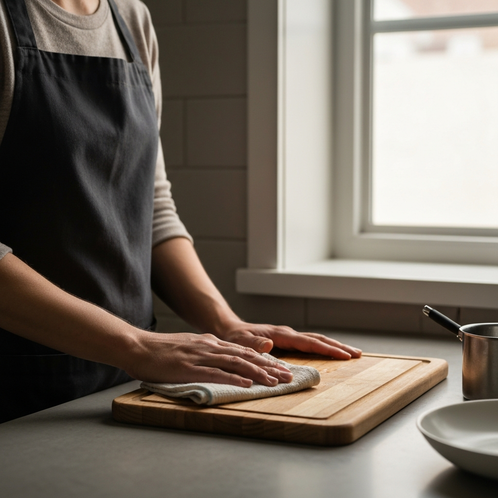 A person gently wiping down a cutting board with a cloth dampened with mineral oil in a kitchen setting. Natural light from a nearby window illuminates the scene, highlighting the grain of the wood and the smooth application of the oil.