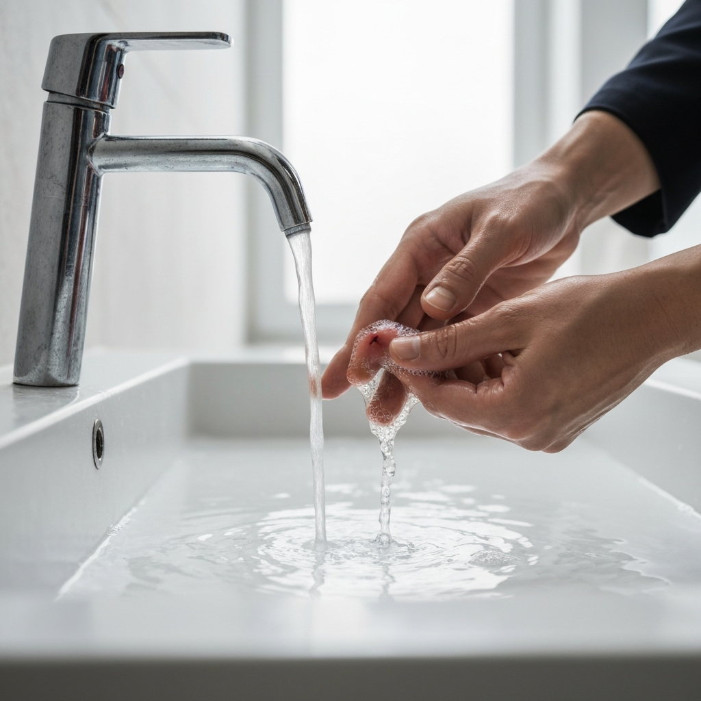 A person gently washing a small cut on their finger under a running tap. The water is clear and the soap is creating gentle bubbles. The lighting is bright and even, highlighting the cleanliness of the scene.