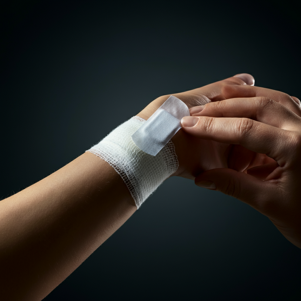 Close-up shot of a sterile bandage being applied to a cut on a hand. The bandage is clean and white, and the skin around the cut is clean and dry. The lighting is bright and even, highlighting the detail of the bandage texture.