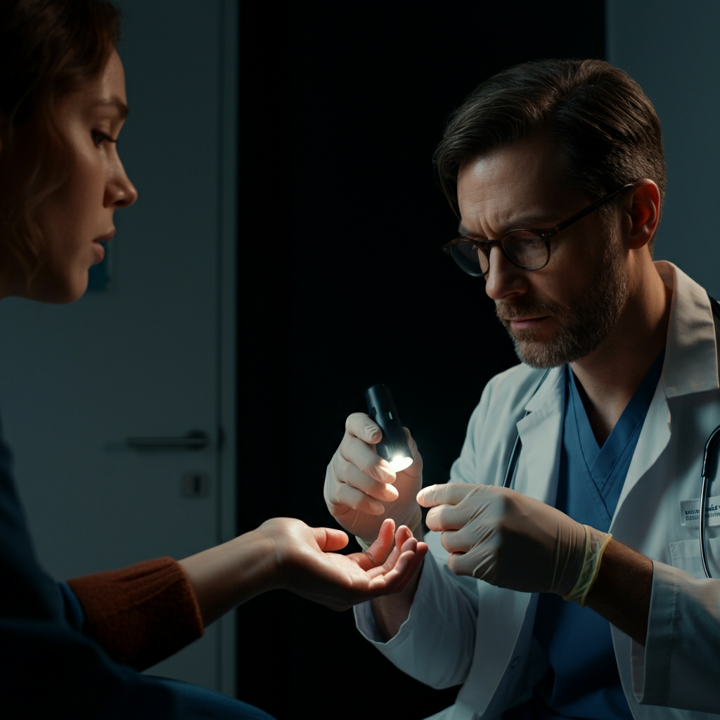 A doctor examining a patient's hand with a concerned but professional expression. The doctor is wearing gloves and using a small light to examine the wound closely. The setting is a clean and well-lit examination room.