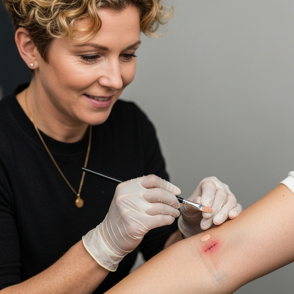 A makeup artist carefully applying concealer to a small scar on a person's arm. The lighting is bright and even, allowing for precise application. The makeup artist is wearing gloves and using clean tools.