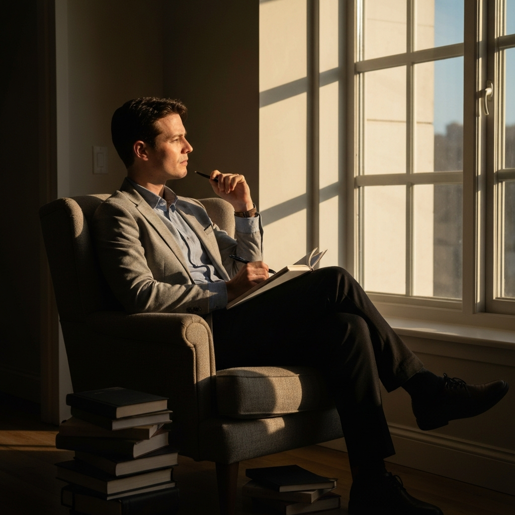 A person sits in a sunlit armchair, surrounded by books, with a notepad and pen in hand, looking thoughtfully out a large window. Soft golden hour lighting creates long shadows, highlighting the texture of the fabric on the chair.