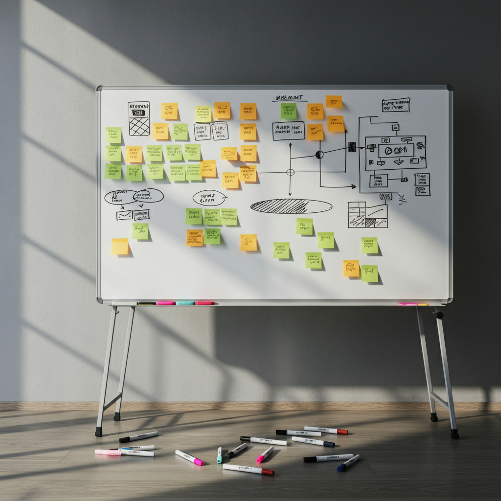 A whiteboard filled with colorful sticky notes and hand-drawn diagrams. Markers are scattered around the base of the board, and the room is brightly lit with natural light.