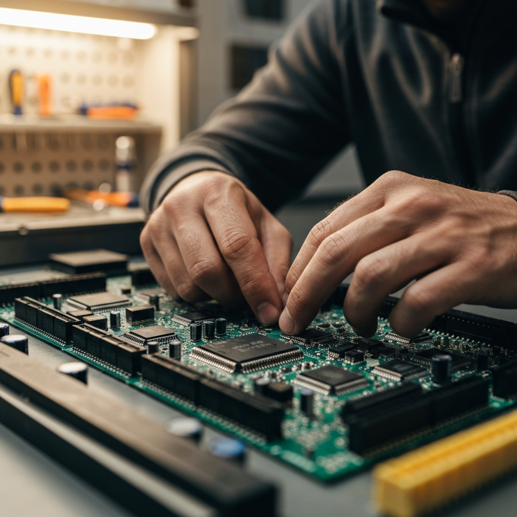 A close-up shot of hands working on a complex circuit board. The fingers are slightly blurred, indicating movement. The background is a clean, well-lit workshop with tools neatly arranged.