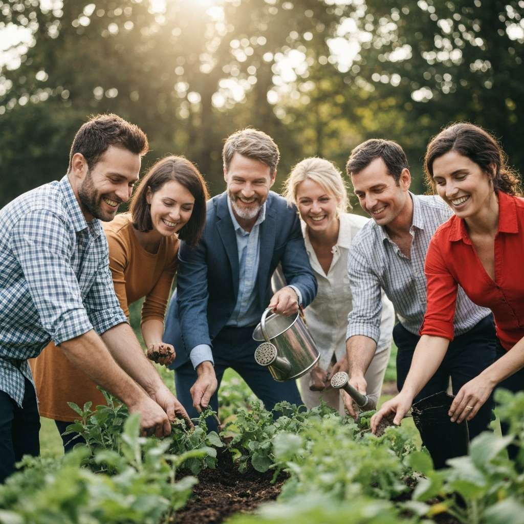 A group of people working together in a community garden. Some are planting seeds, others are watering plants, and everyone is smiling and engaged. Soft, diffused sunlight filters through the trees, creating a peaceful atmosphere.