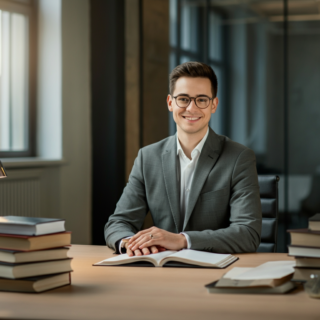 A young professional sitting at a desk, surrounded by books and papers. They are smiling confidently and looking directly at the camera. The background is a modern office space with a sense of ambition and success.