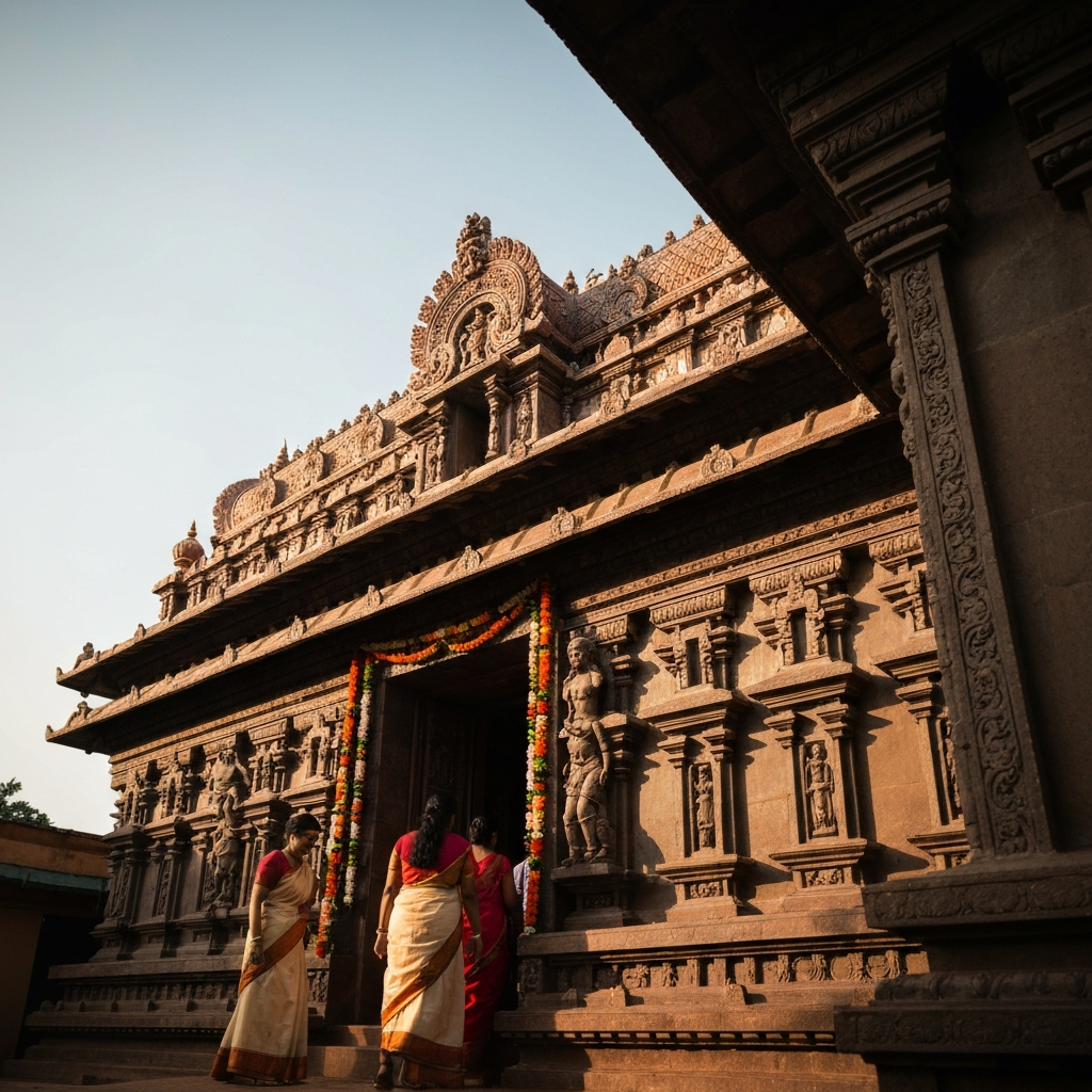 A low-angle shot of a traditional Kerala temple with people dressed in festive attire entering. Soft morning light illuminates the intricate carvings on the temple facade. Focus on the details of the architectural style.