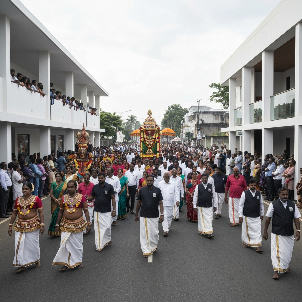 A wide shot of the Athachamayam procession with a multitude of people dressed in traditional attire marching down a street lined with onlookers. Colorful floats and traditional dancers are visible in the foreground. The scene is brightly lit with natural daylight.