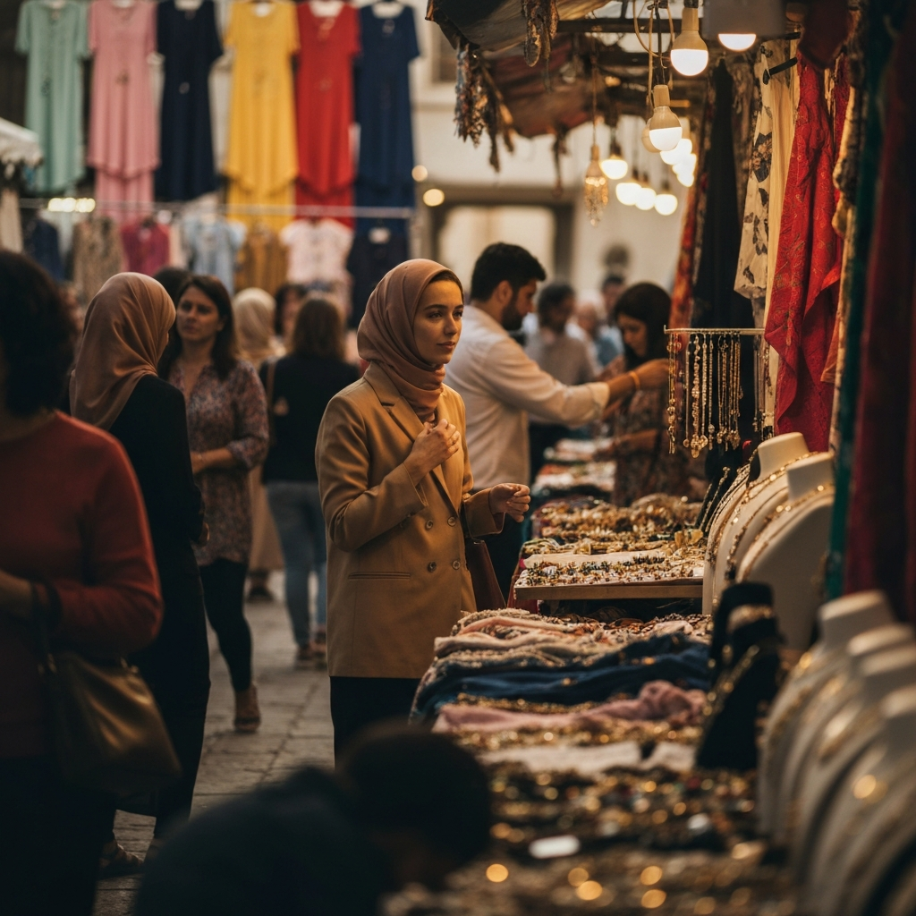A bustling marketplace scene with people browsing through stalls selling colorful clothes and jewelry. Golden hour lighting adds warmth to the scene. Focus on the textures of the fabrics and the vibrant colors.