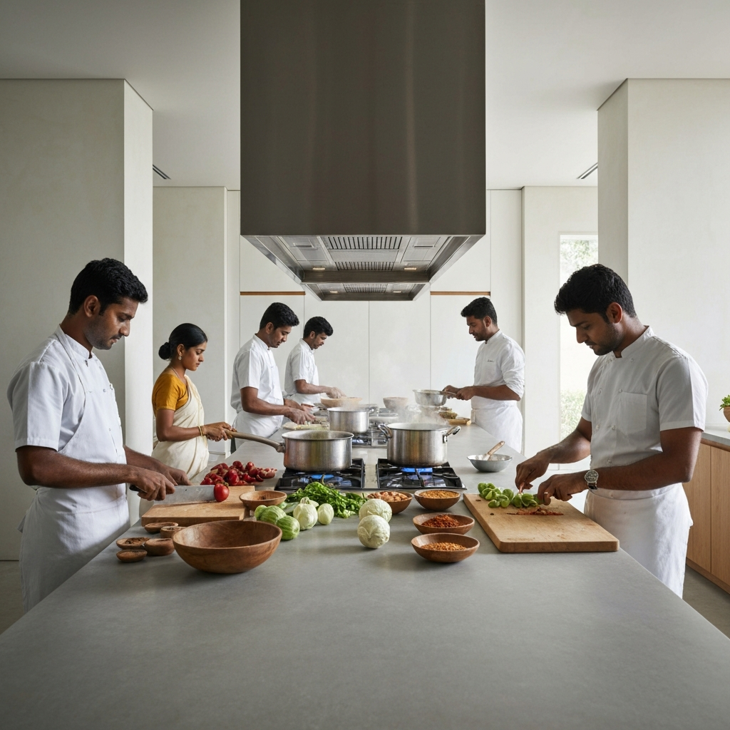 A kitchen scene with multiple people preparing food for the Sadya. Vegetables are being chopped, spices are being ground, and pots are simmering on the stove. Soft lighting creates a warm and inviting atmosphere.