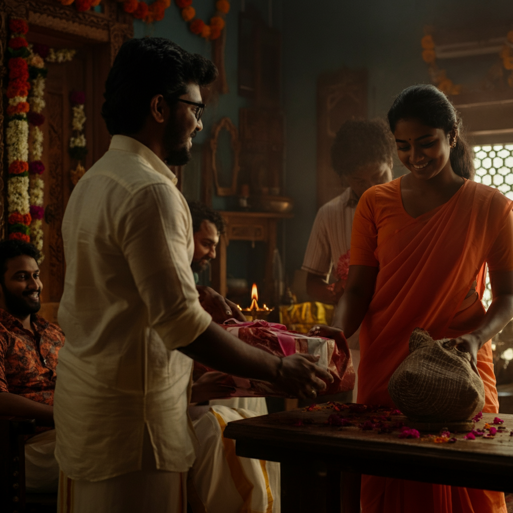 A group of people gathered in a traditional Kerala home, exchanging gifts and sharing laughter. The room is decorated with festive decorations, and the atmosphere is warm and joyous. Soft bokeh in the background creates a sense of intimacy.