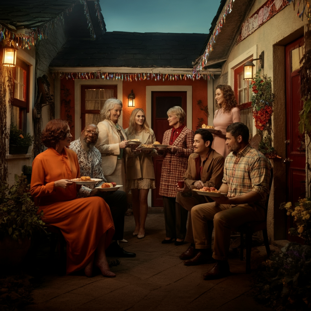 A group of neighbors gathered outside their homes, sharing food and conversation. Traditional decorations adorn the houses, and the atmosphere is festive and welcoming. The scene is brightly lit with natural daylight.