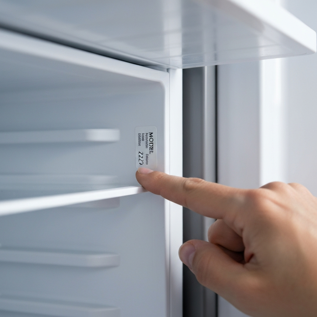 Close-up shot of a refrigerator's interior, showing the model number sticker. Soft, diffused lighting highlights the crisp white plastic and the black text of the model number. A hand gently points to the sticker.